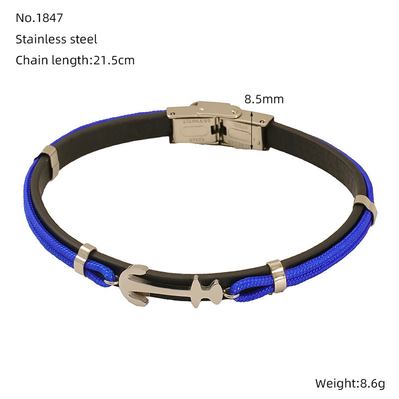 Anchor Titanium Leather Braided Bracelet