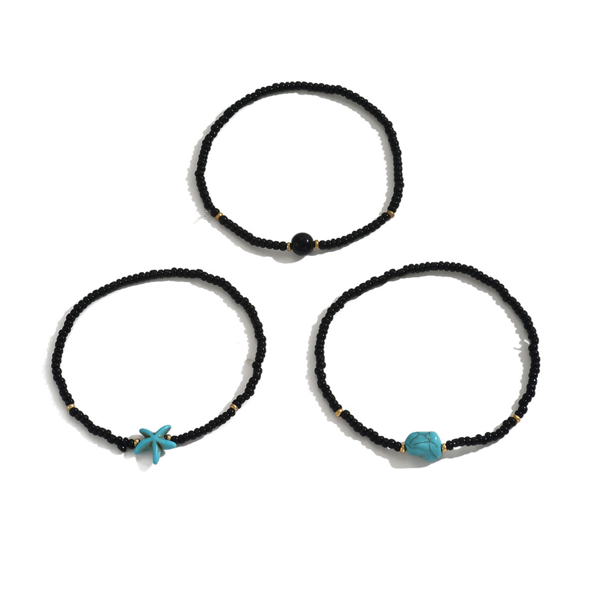 Turquoise Starfish Bead Stretch Anklet 3-Piece Set