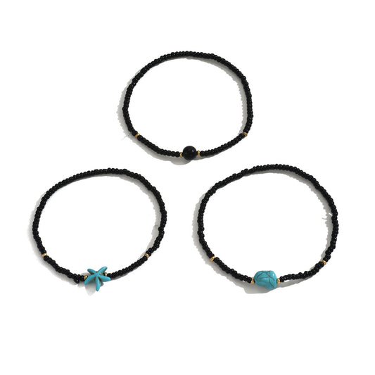 Turquoise Starfish Bead Stretch Anklet 3-Piece Set