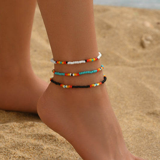 Niche Color-Blocked Pearl Ankle Bracelet Set of Three