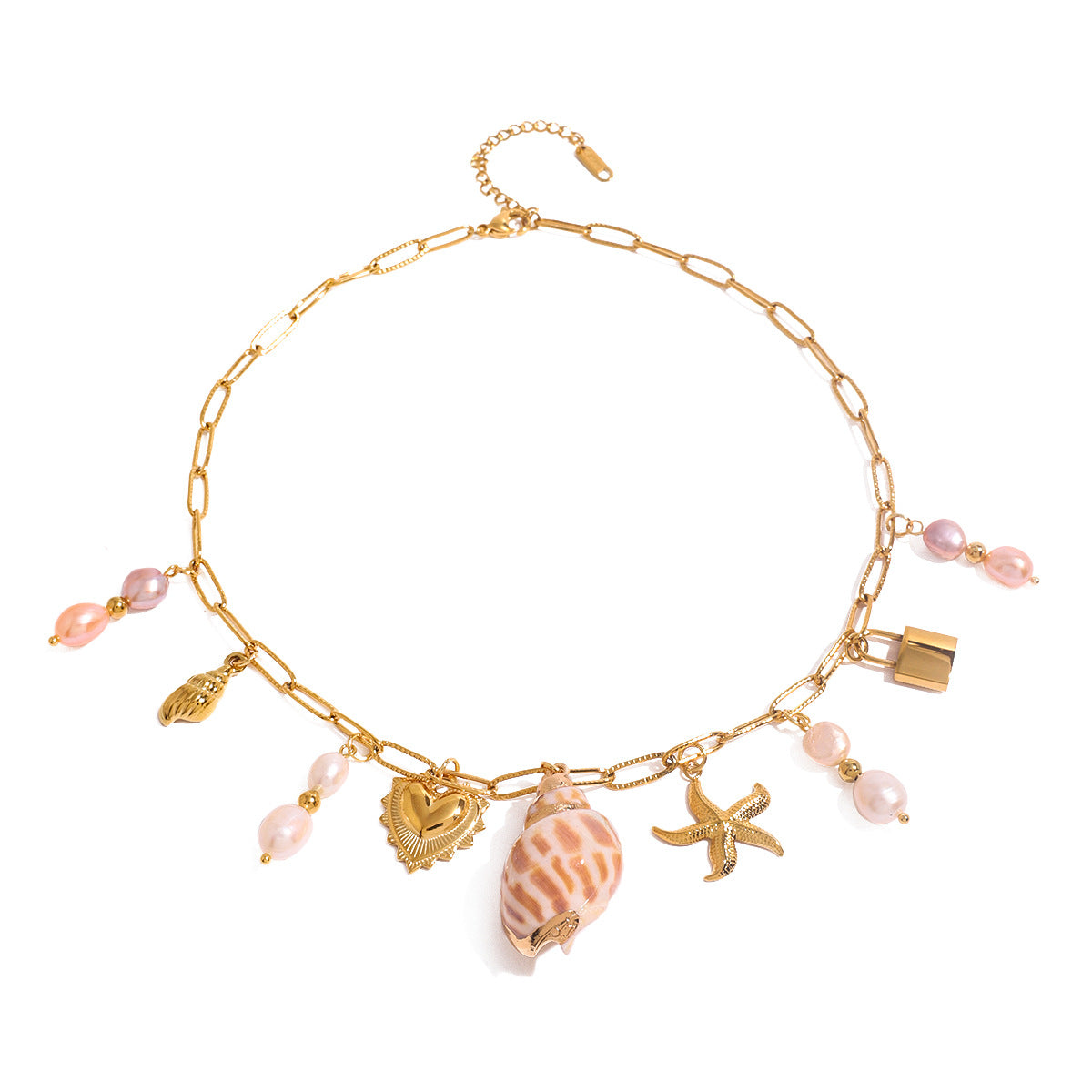 Hammered starfish pearl conch heart pendant necklace