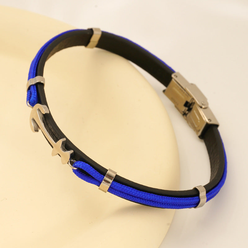 Anchor Titanium Leather Braided Bracelet