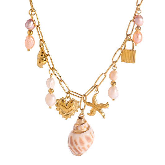 Hammered starfish pearl conch heart pendant necklace