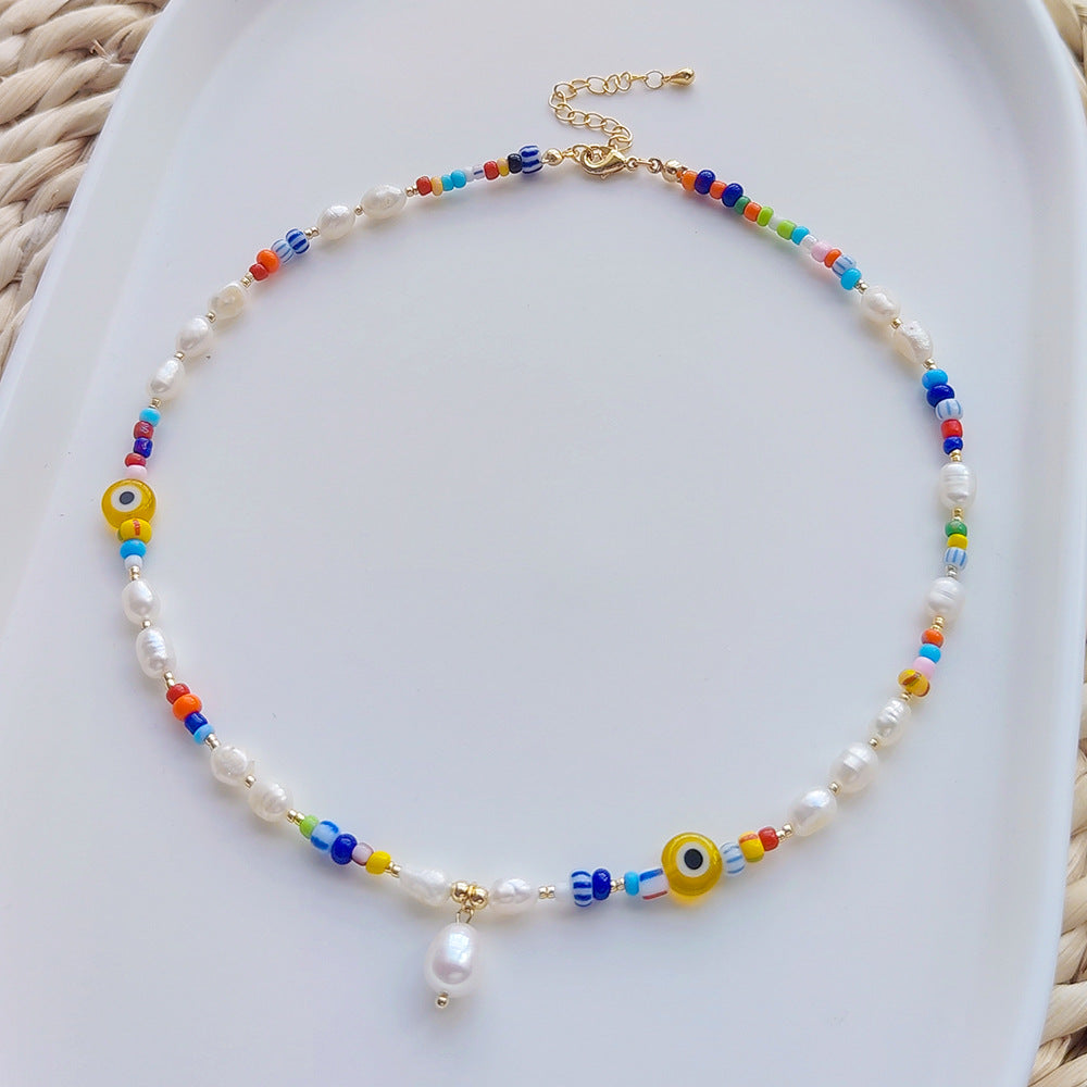 Colorful rice bead pearl necklace