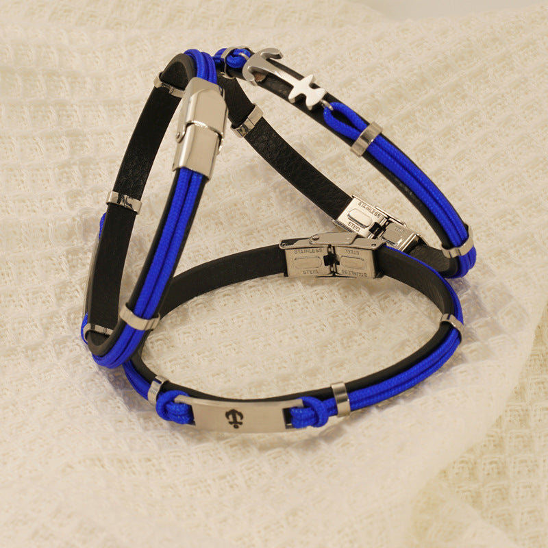 Anchor Titanium Leather Braided Bracelet