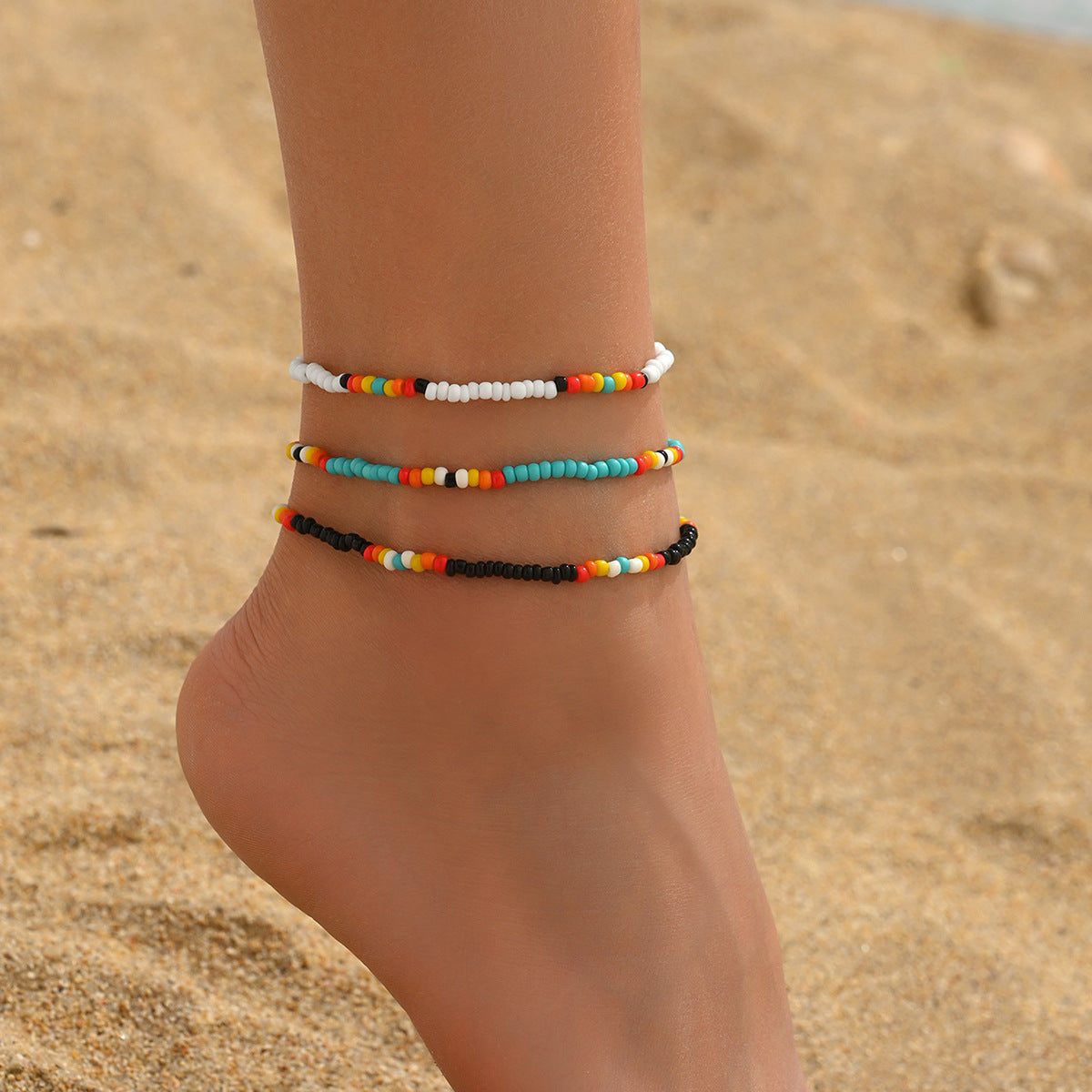 Niche Color-Blocked Pearl Ankle Bracelet Set of Three