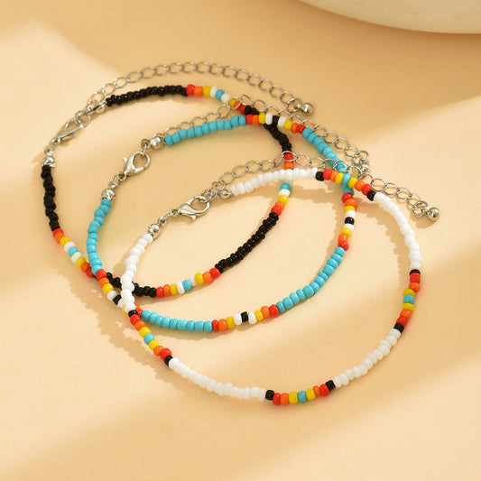 Niche Color-Blocked Pearl Ankle Bracelet Set of Three