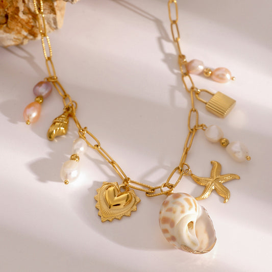 Hammered starfish pearl conch heart pendant necklace