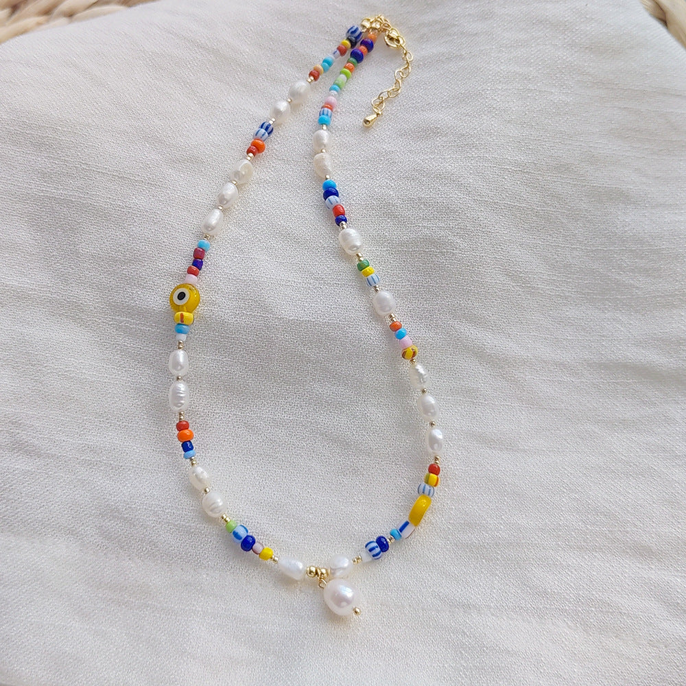 Colorful rice bead pearl necklace